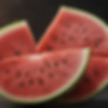 Watermelon: A Hydrating Ally for Hypertension Close-up of a juicy watermelon slice, highlighting its hydrating properties.